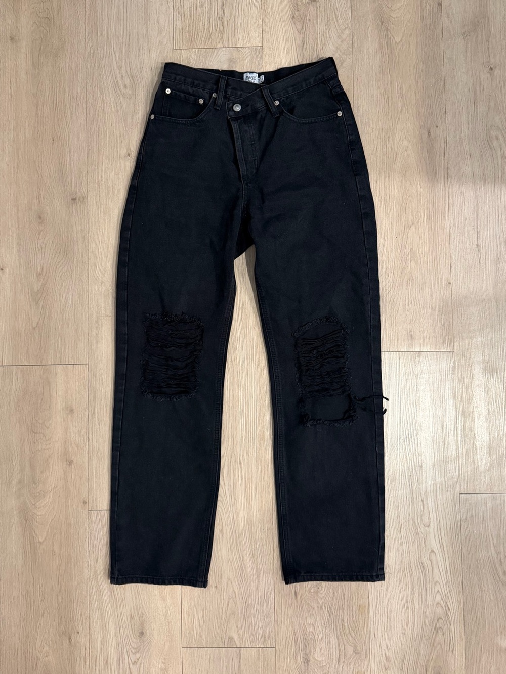 Princess Polly Holly asymmetric distressed straight-leg black jeans